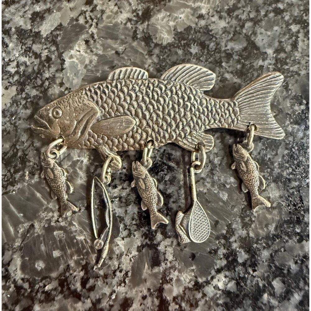 Fish-Themed Vintage Brooch With Dangling Charms Silver Bass